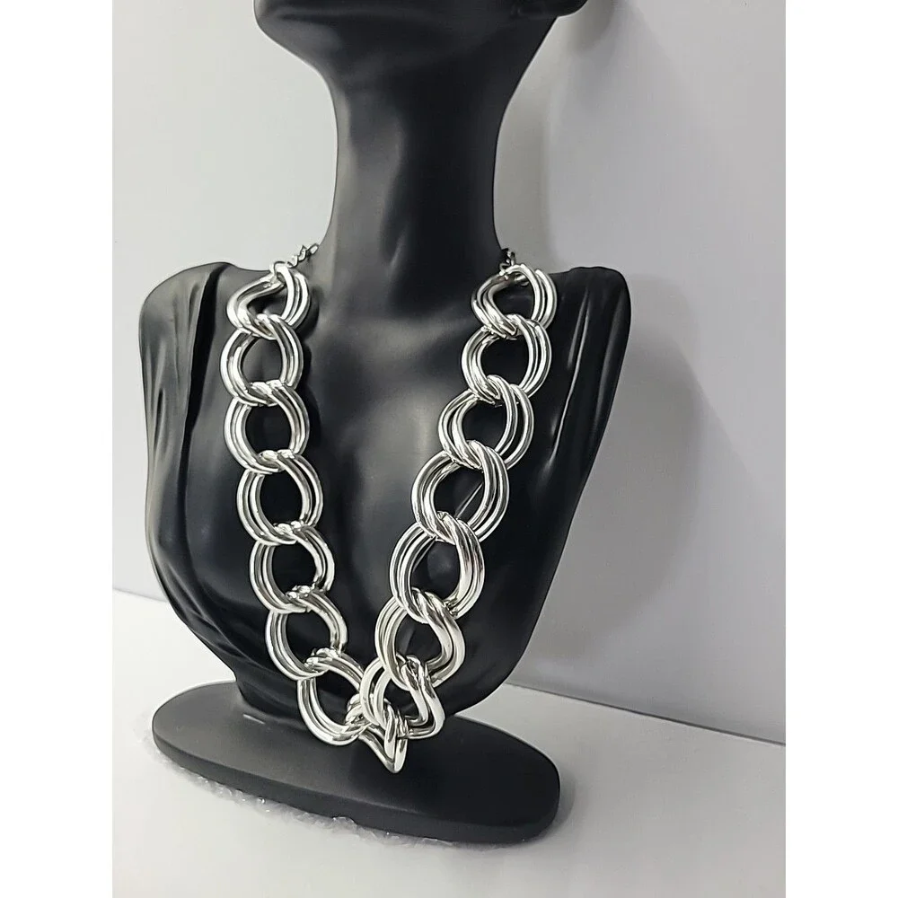 Chunky Silver Tone Link Necklace Oversized Chain Statement Collar - Picture 3 of 10